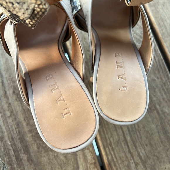 L.A.M.B. Sz 6 Stiletto Snake & Tan Leather Platform Sandals - Picture 5 of 12